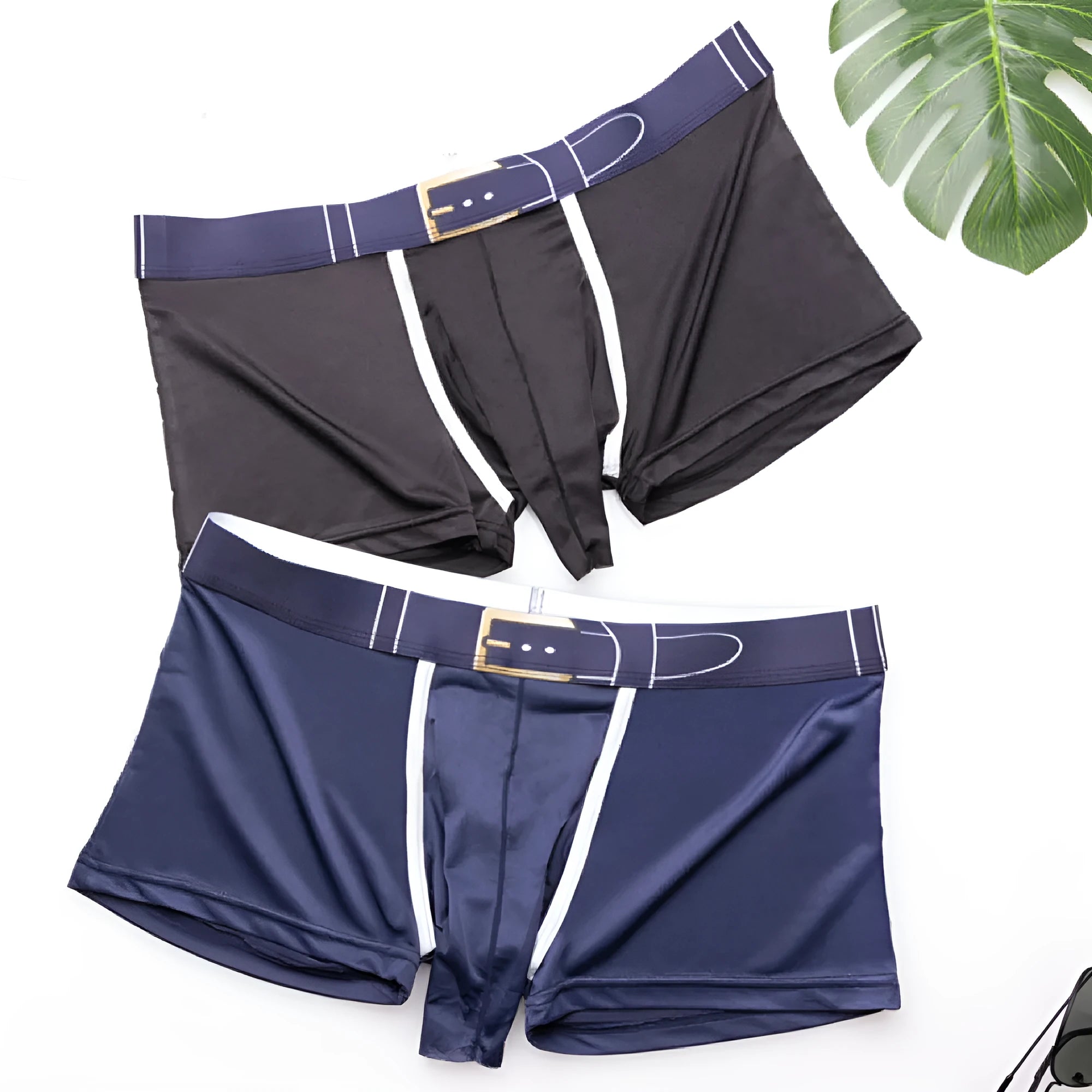 Men's solid colour ice silk boxers in mid-waist design showing grey, black, green, blue colour options