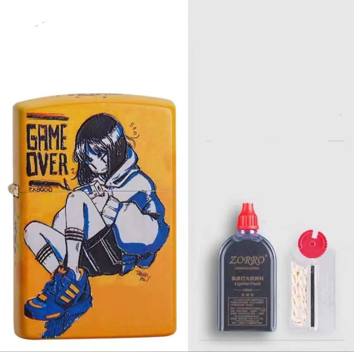 Windproof kerosene lighter with decorative copper case showing artistic design