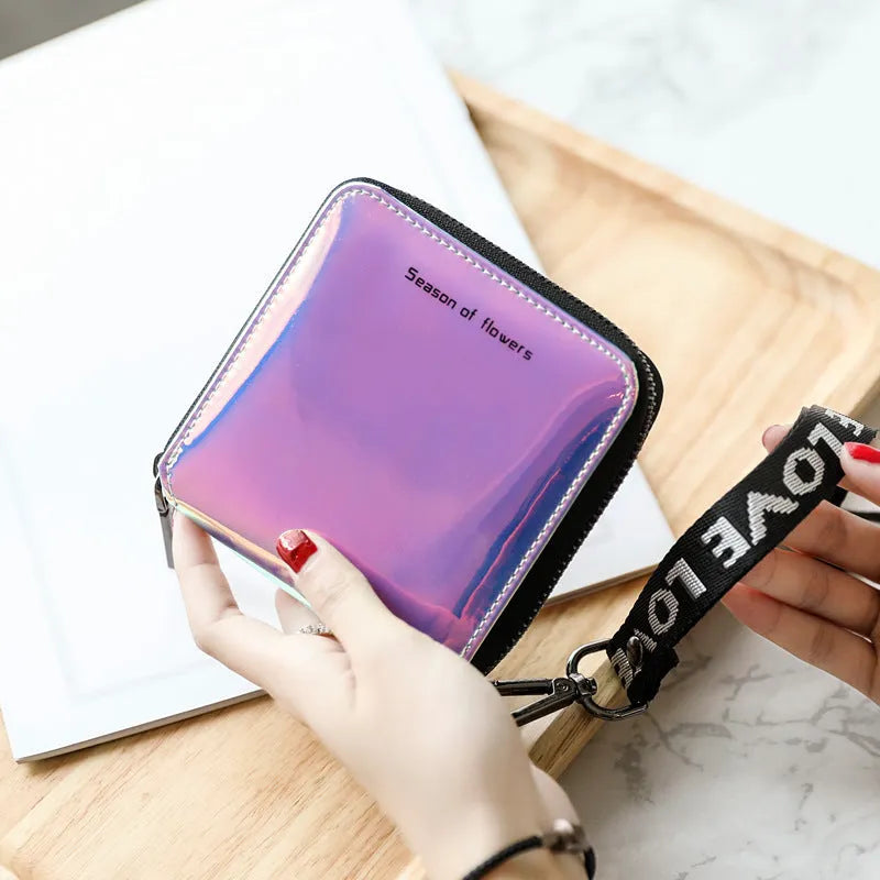 Women's Korean style short folding wallet in glitter blue or green colours showing compact 11cm dimensions