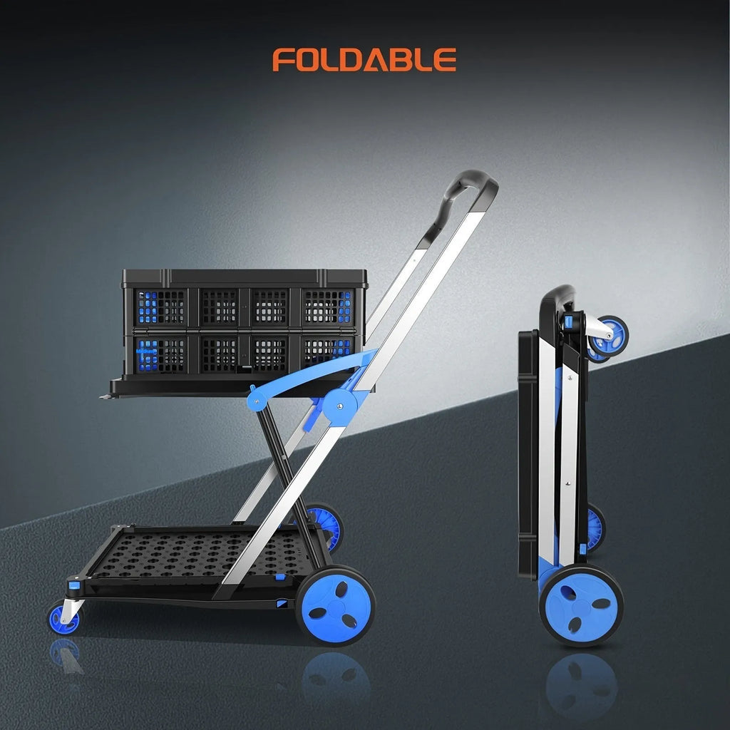 Foldable plastic shopping cart with double baskets in blue, purple, pink, or red colour options