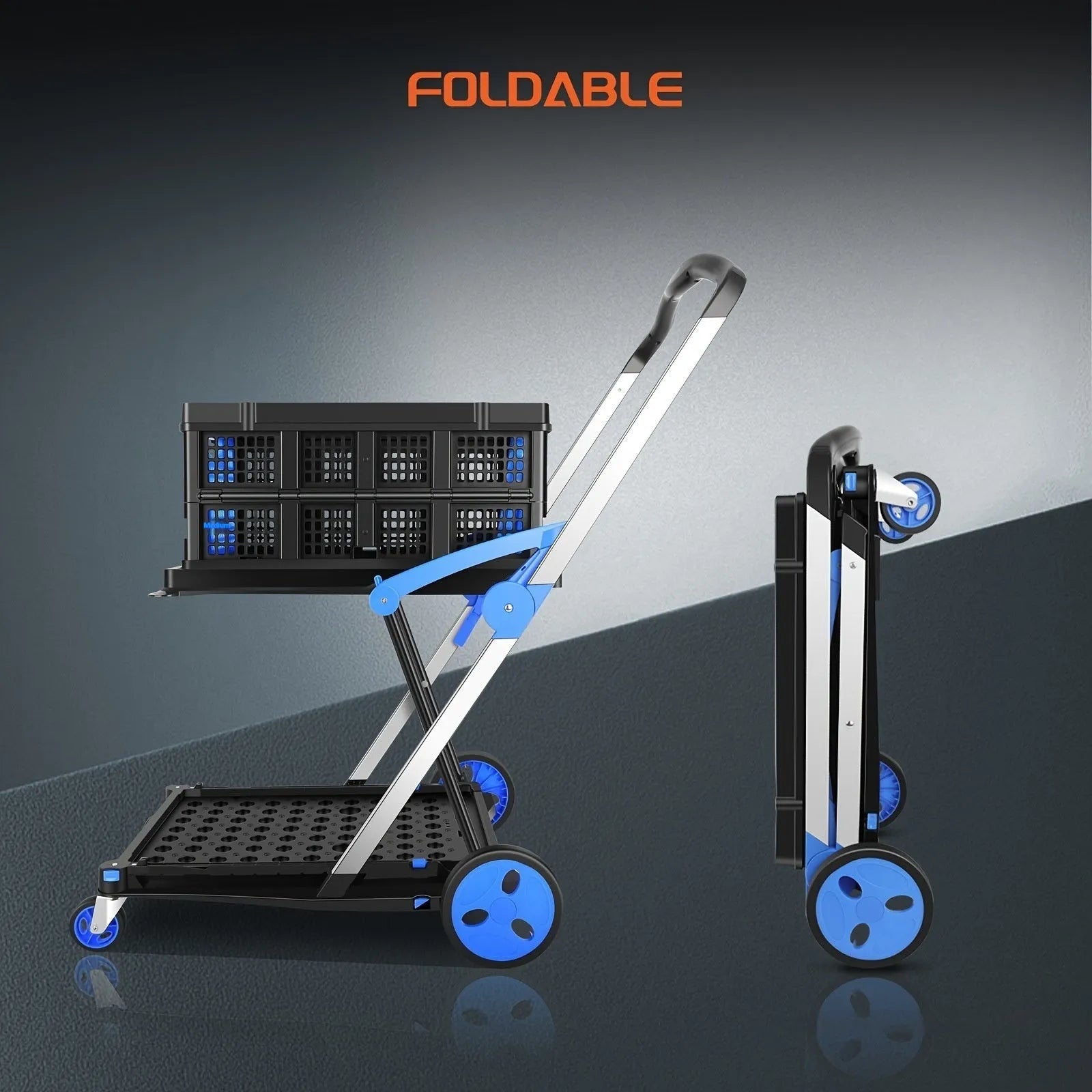 Foldable plastic shopping cart with double baskets in blue, purple, pink, or red colour options