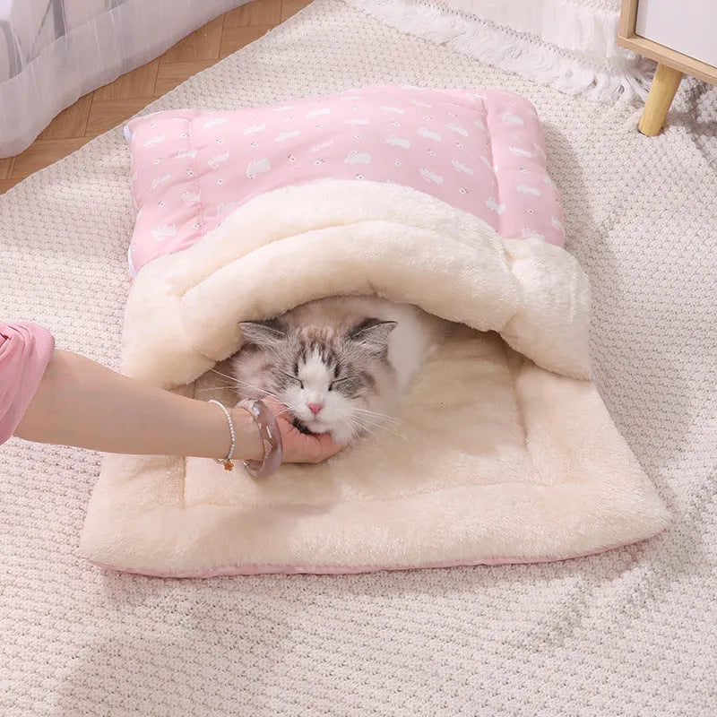 Soft cat bed in pink with detachable mat and foldable design, size M 70x100cm