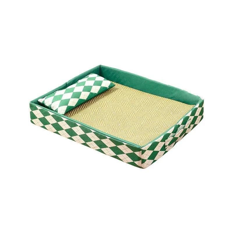 Blue woven rattan cat litter mat functioning as a raised pet bed, shown in a large size.