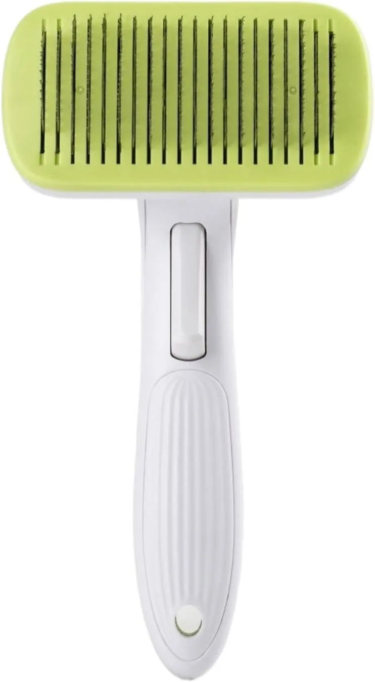 Automatic pet hair removal comb in blue, grey, green, or pink colours for dogs and cats
