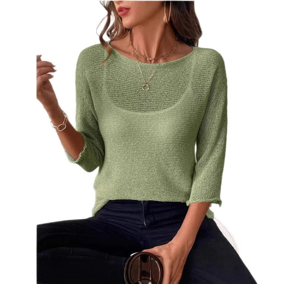 Women's knitted off-shoulder top in thin polyester fabric with 3/4 sleeves and 3D pattern