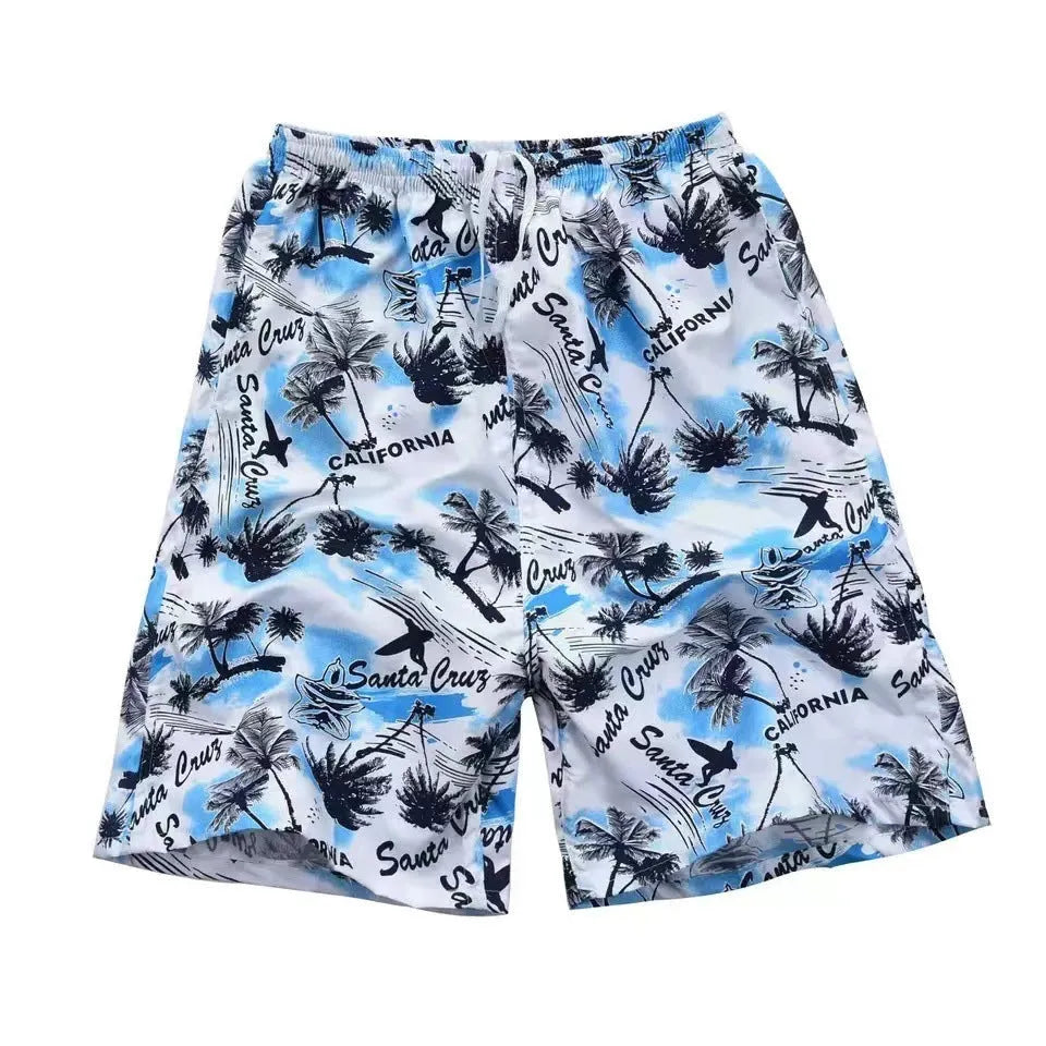 Men's casual floral print five-point swimming trunks made from polyester fabric.