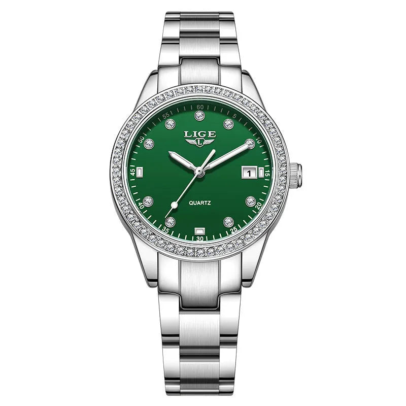Silver fashion watch with diamond dial, luminous hands, and stainless steel case.