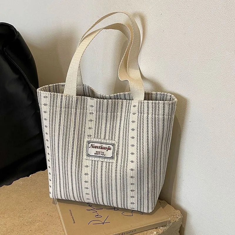 Japanese style corduroy women's tote handbag with large capacity and shoulder strap