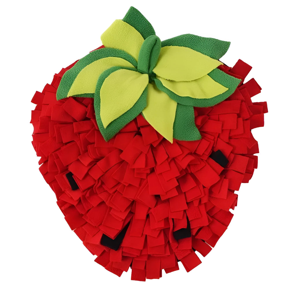 Red and green strawberry-shaped pet slow feeder mat with hiding spots measuring 45x35 cm