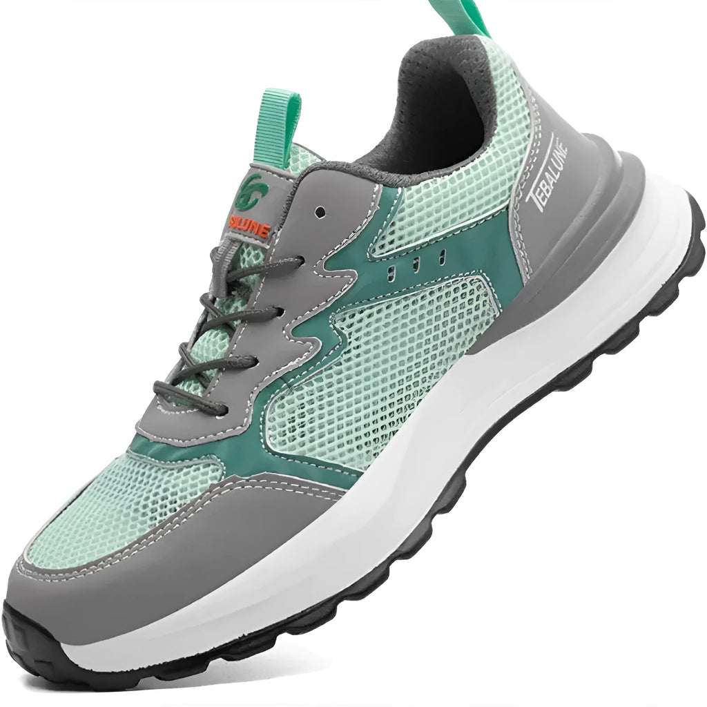 Green plastic steel toe safety shoes with mesh panels and slip-on design for work protection