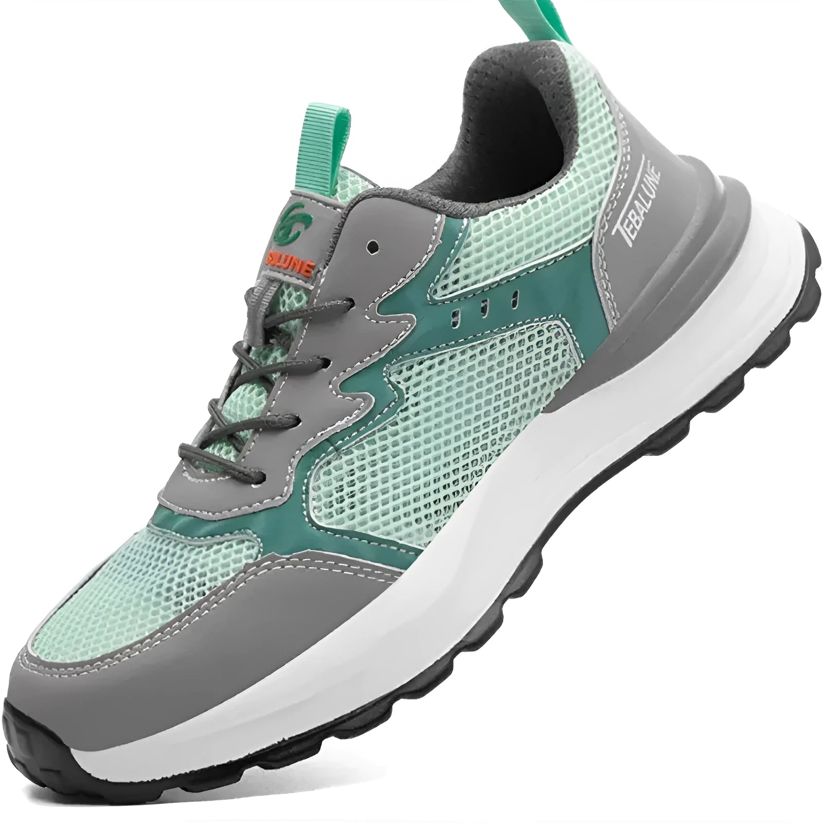 Green plastic steel toe safety shoes with mesh panels and slip-on design for work protection