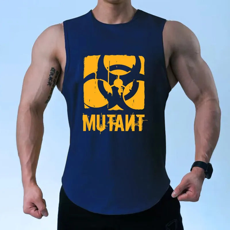 Man wearing a loose grey sleeveless polyester fitness vest for gym workouts.