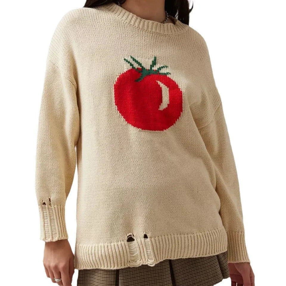 Beige women's loose-fitting acrylic jacquard pullover sweater with round neck and long sleeves.