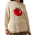 Beige women's loose-fitting acrylic jacquard pullover sweater with round neck and long sleeves.