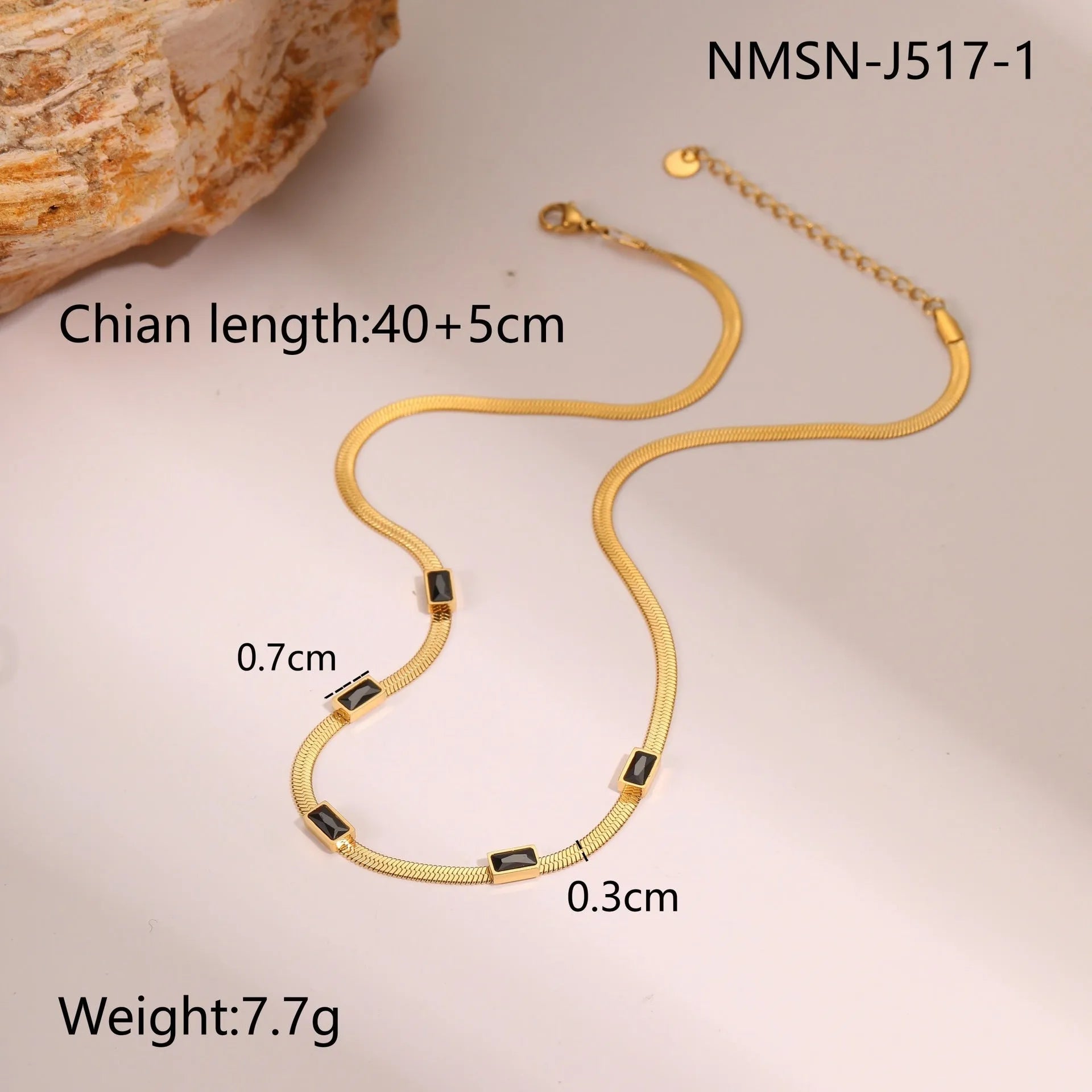 Geometric square zircon necklace with flat snake chain in gold colour finish