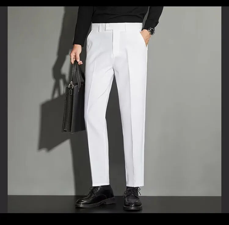 Men's straight ankle-length suit pants in a chemical fibre blend fabric, shown in multiple colours.
