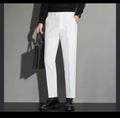 Men's straight ankle-length suit pants in a chemical fibre blend fabric, shown in multiple colours.