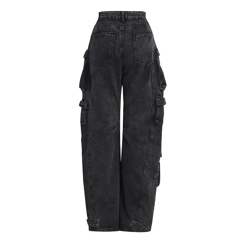 Blue tie-dyed high waist wide leg denim trousers on a woman, showing multiple pockets and street hipster style.