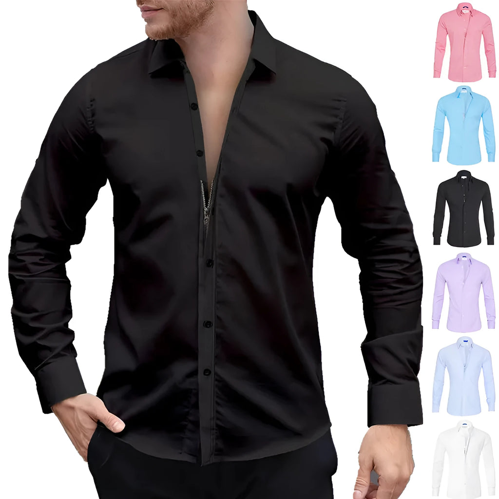 Long sleeve zipper shirt with button lapel in solid colour, slim fit, cotton four-sided elastic fabric for men