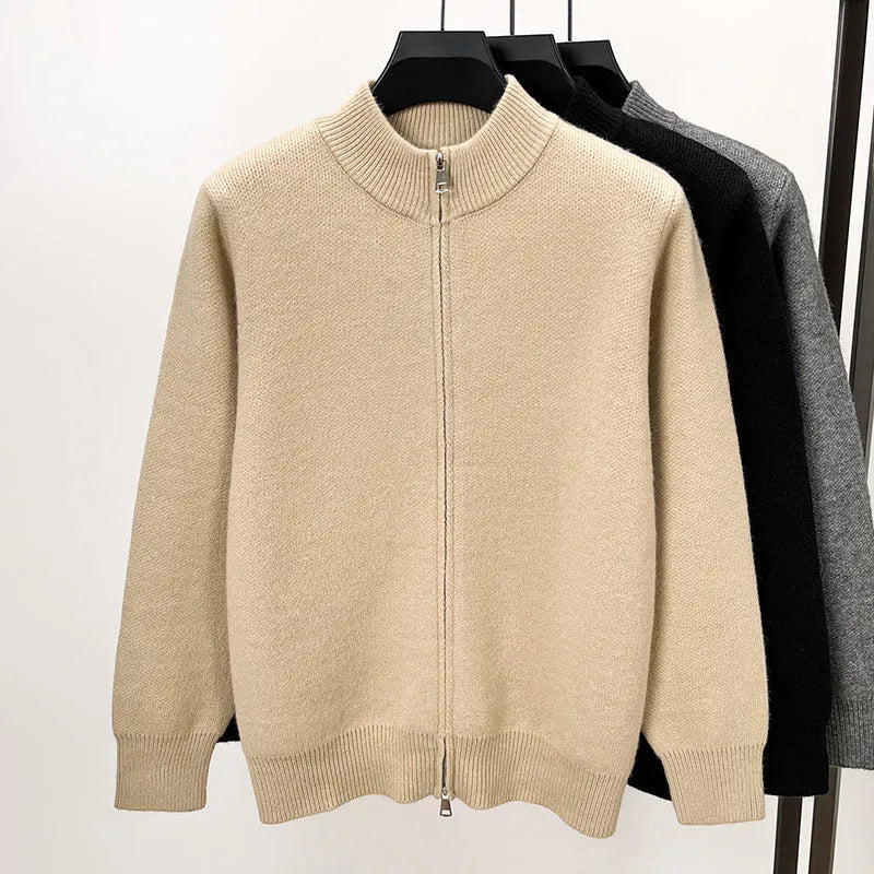 Men's high-stand collar knitted cardigan with zipper front in loose fit design