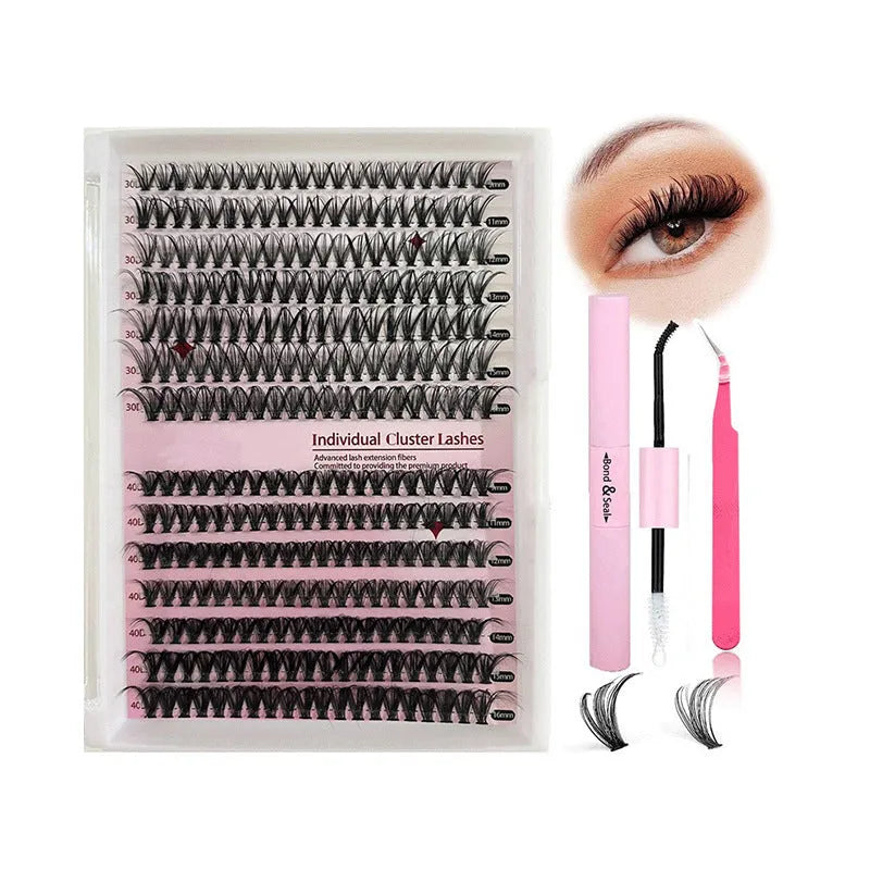 DIY false eyelashes mixed package showing 30D and 40D cluster lashes in 9-16mm lengths with application tweezers