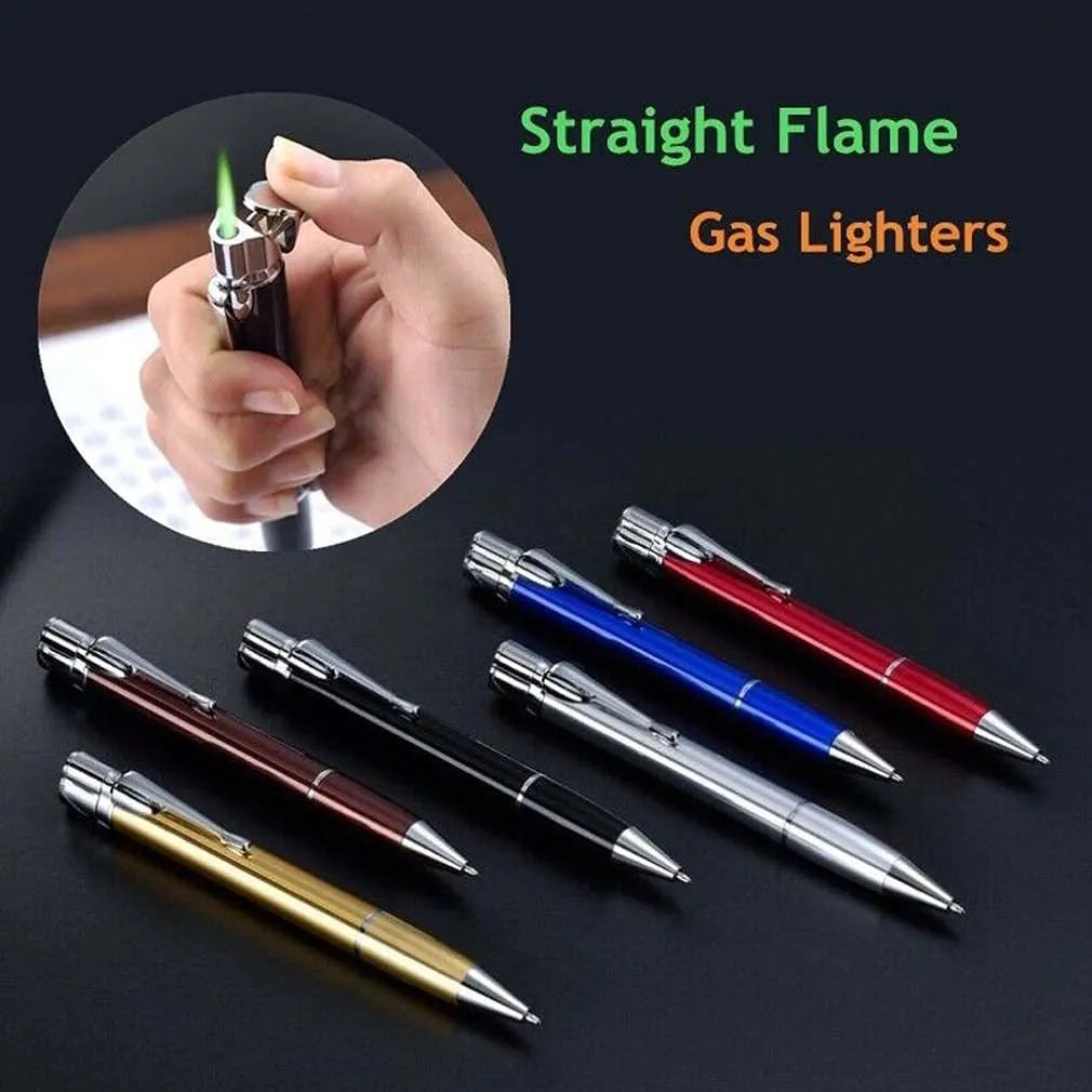 Silver metal windproof jet pen lighter with a blue flame, showing its slim 170mm design.
