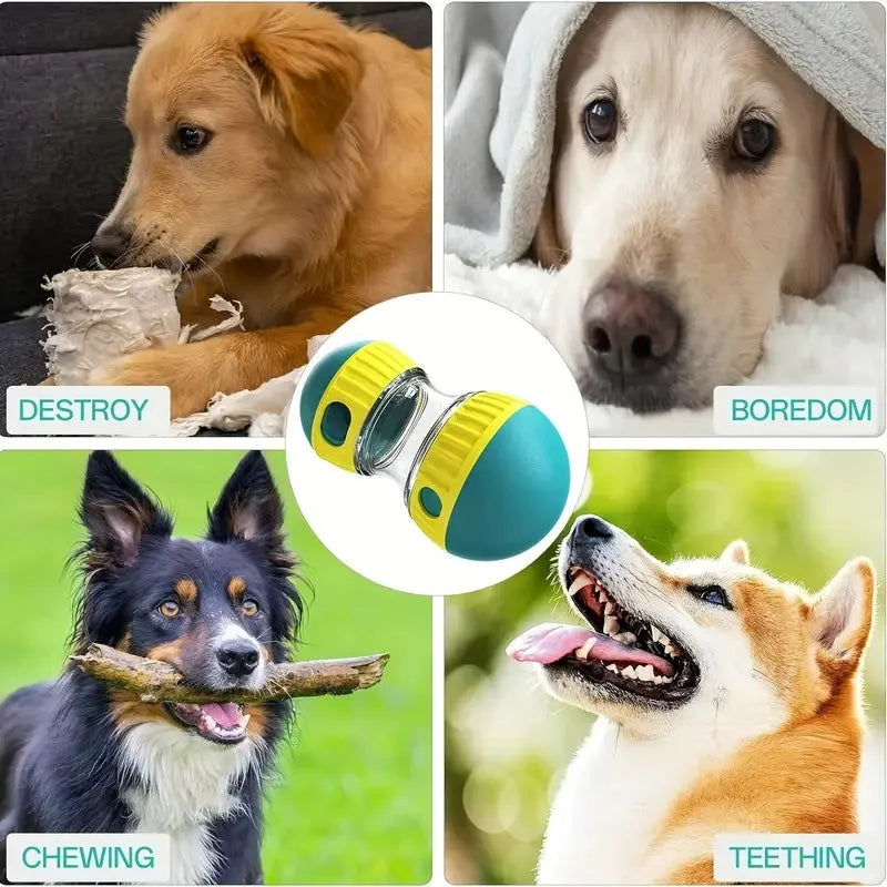 Blue adjustable treat dispenser toy for dogs with dual spheres and food dispensing holes