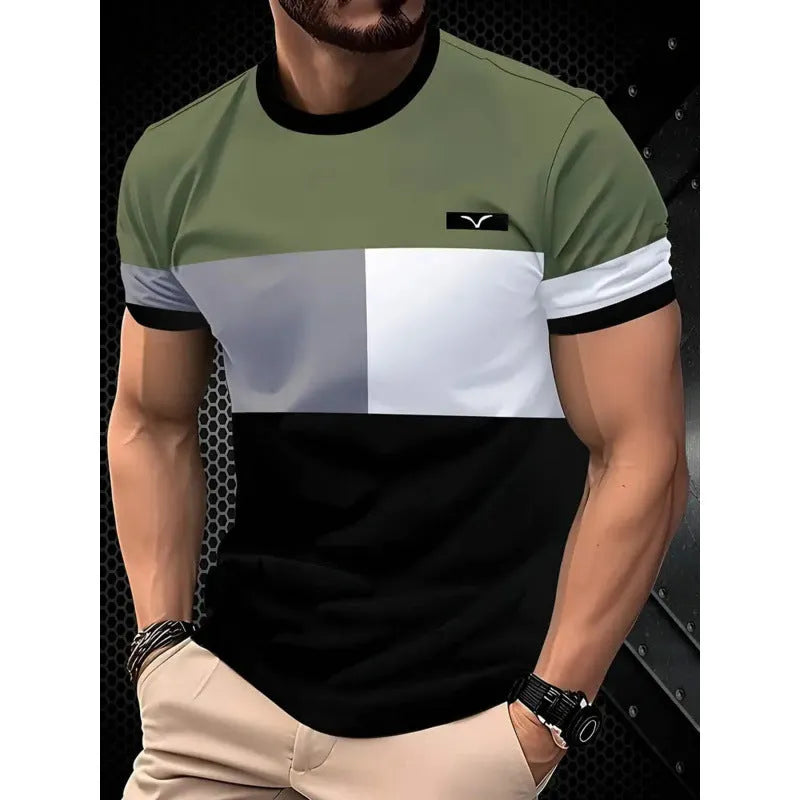 Men's loose fit short sleeve T-shirt with digital 3D printed stripe pattern in polyester fabric