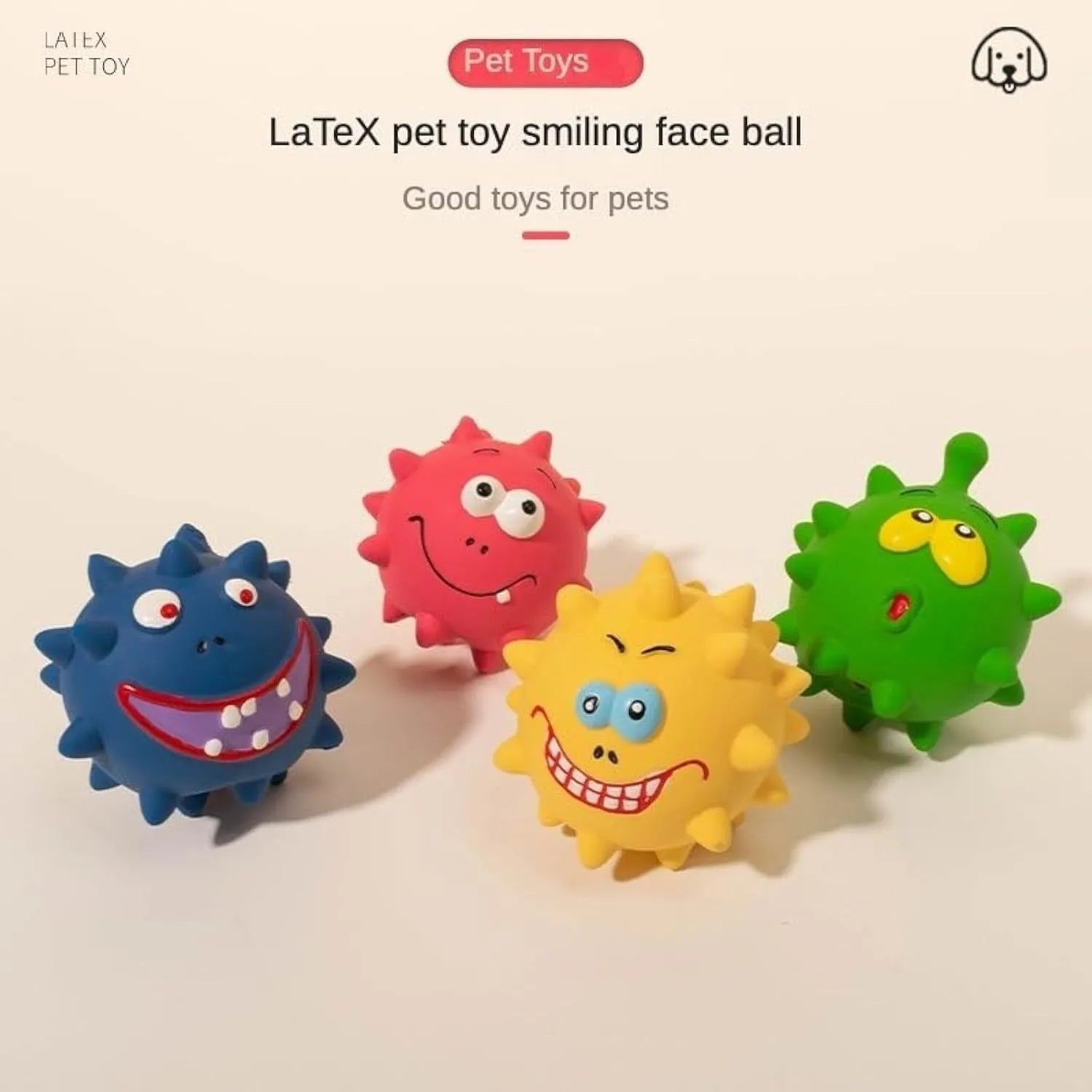 Four colourful natural latex squeaky dog balls with bumpy texture and cute faces