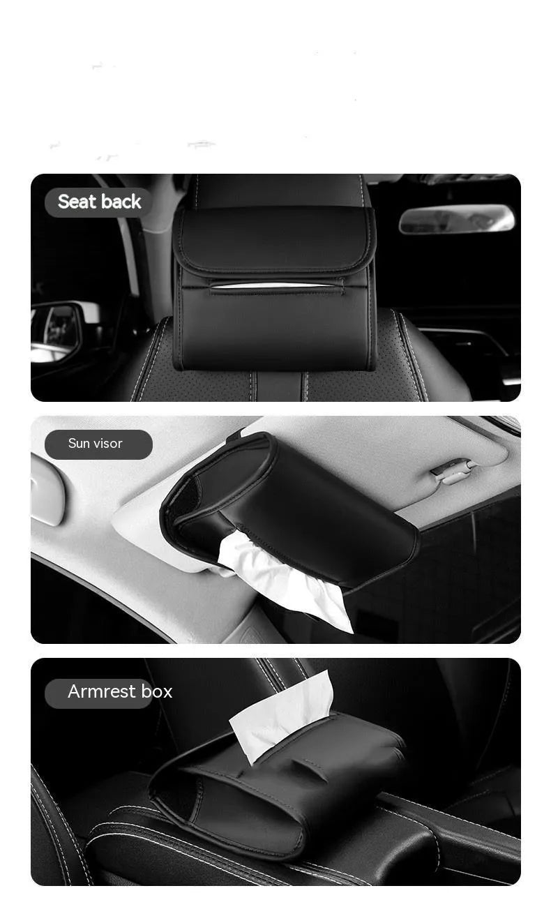 Leather car tissue box with elastic band for seat-back mounting in vehicle