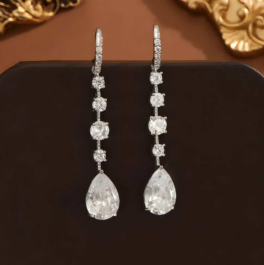 Women's copper electroplated teardrop drop high-carbon earrings in silver white zircon finish