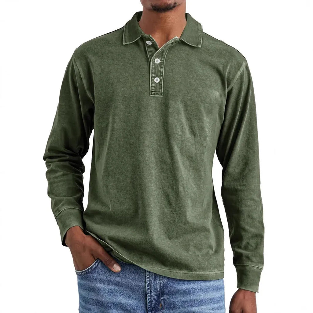 Man wearing a retro washed distressed cotton lapel long sleeve polo shirt in army green.