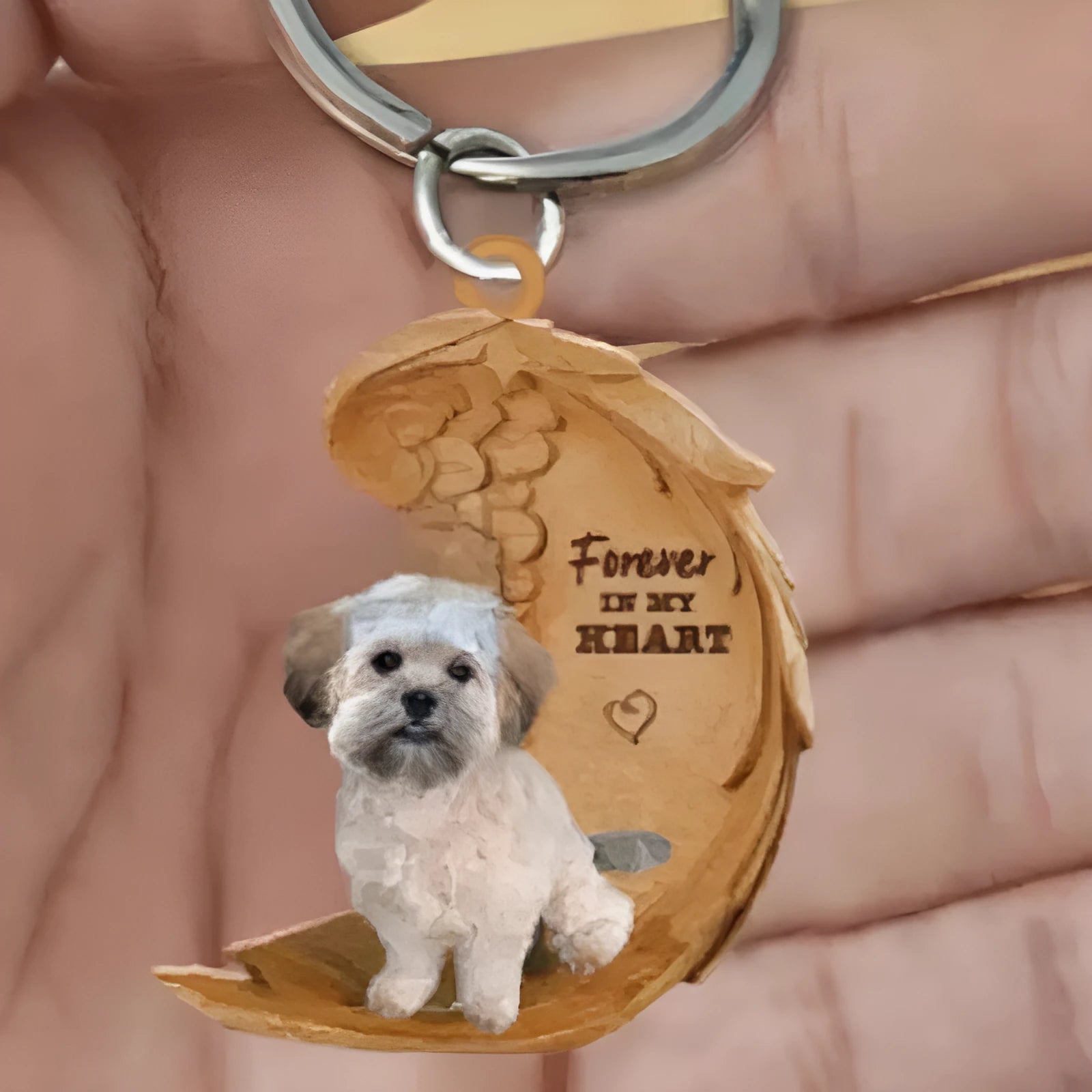 Square clear acrylic car hanging ornament with a colourful cute dog picture, 9cm by 9cm.