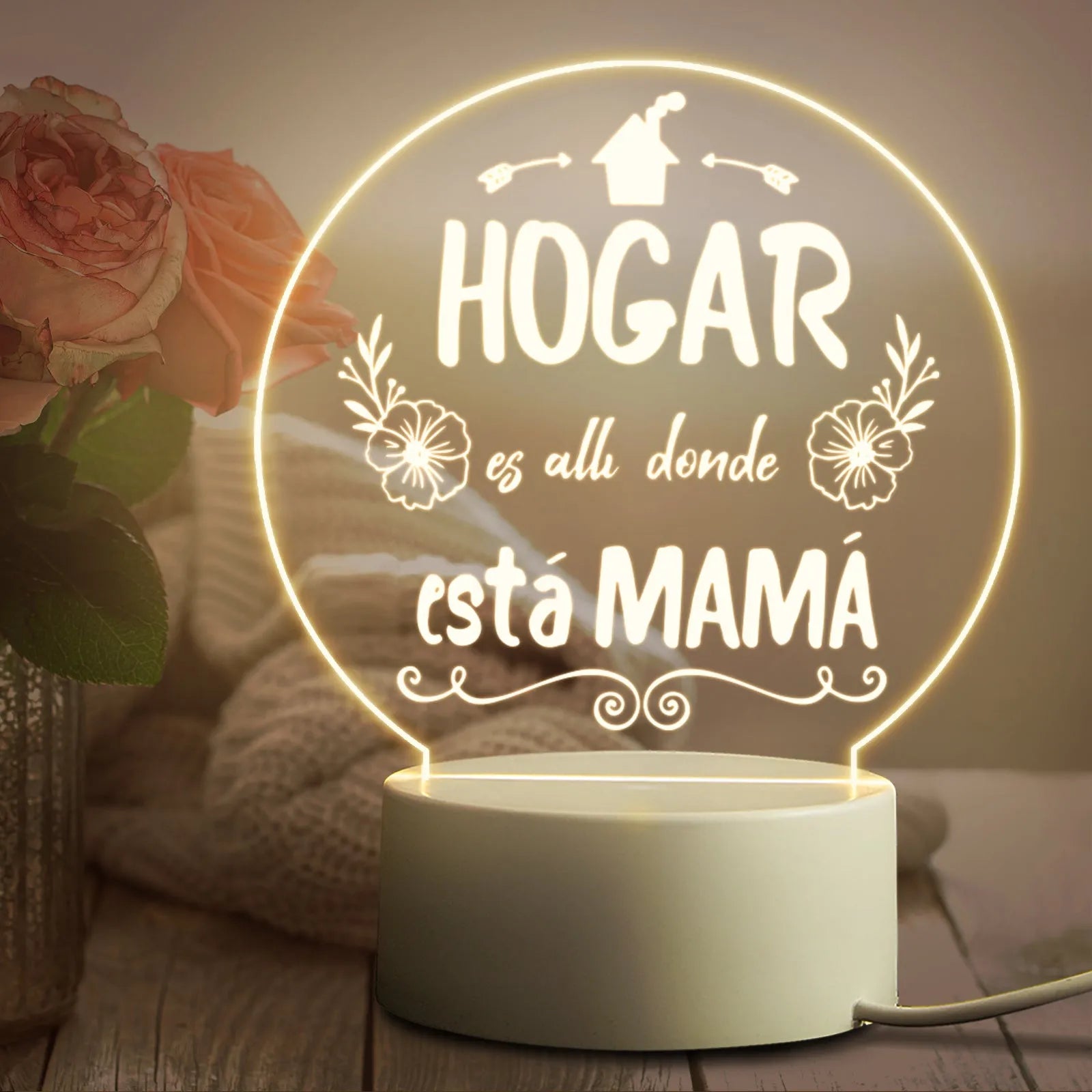 Modern white bedside night light with acrylic shade on ABS base, connected via USB cable.