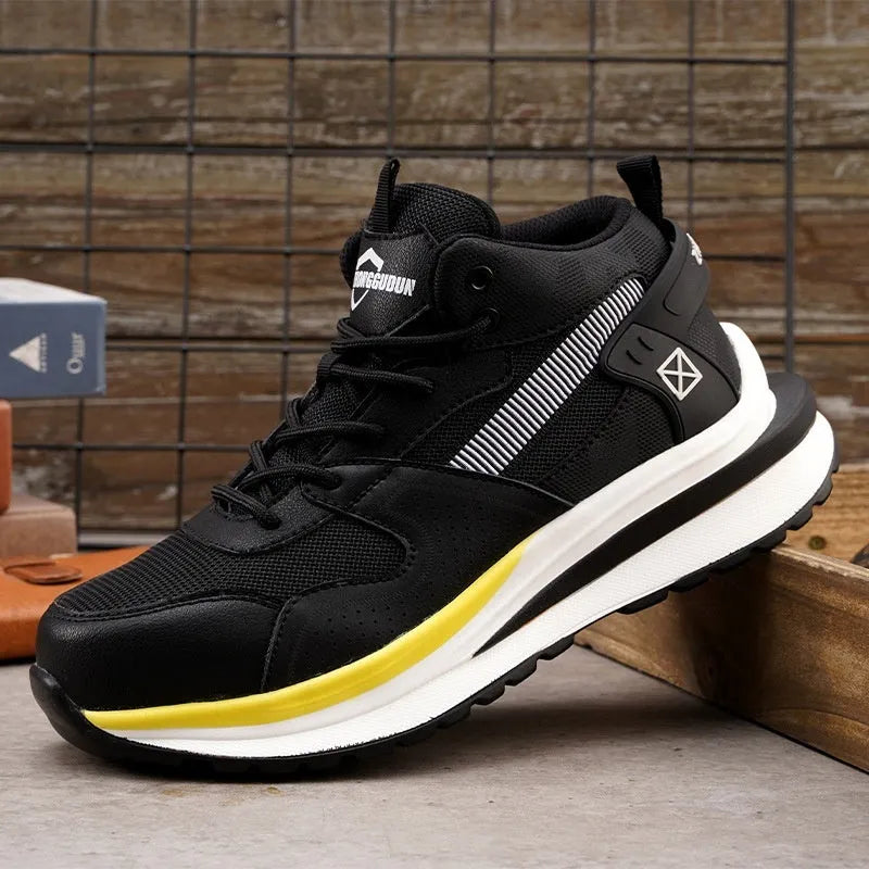 Men's black steel toe cap safety work shoes with a flat knitted upper and lace-up front