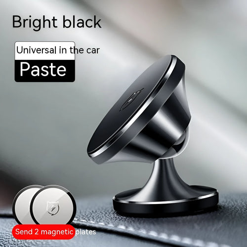 Shiny black alloy magnetic car phone holder with dashboard adhesive mount.