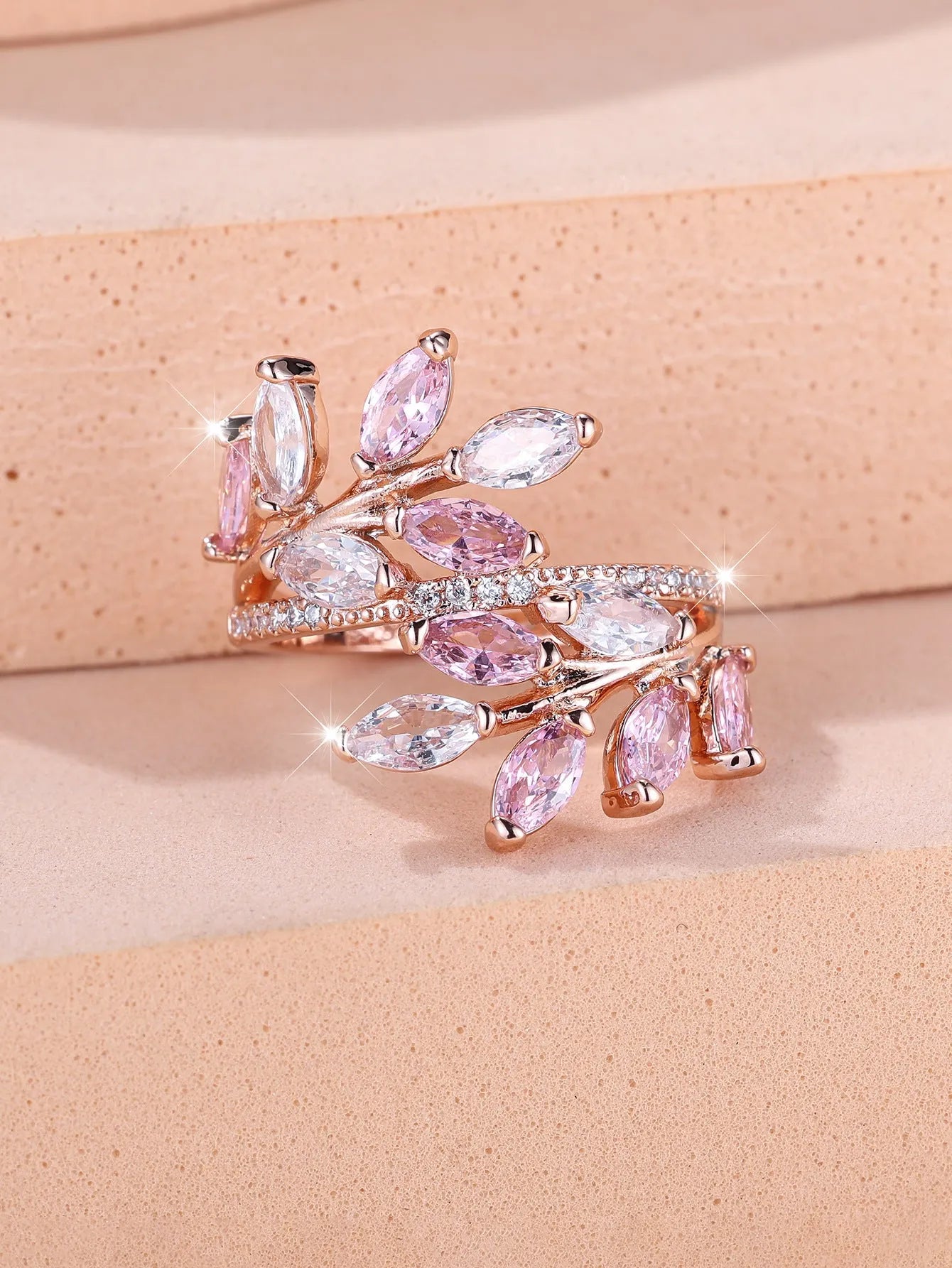 Adjustable copper ring with horse eye zircon stone and leaf design in multiple colour finishes