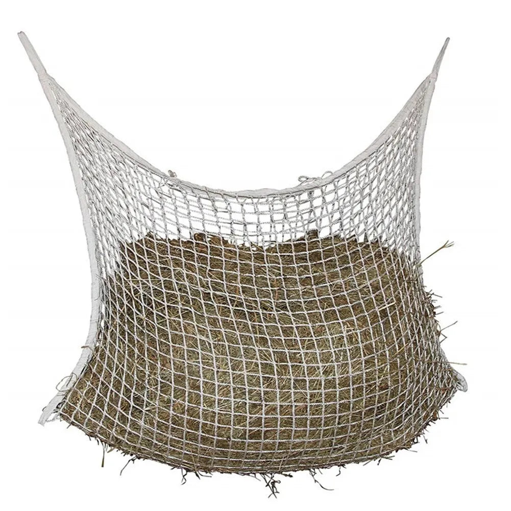 Woven black and white PE rope horse hanging feeding bag in various sizes for cattle and sheep.