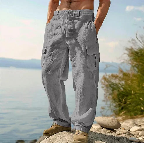 Men's cotton wide-leg casual trousers in light army green colour showing relaxed fit and mid-waist design