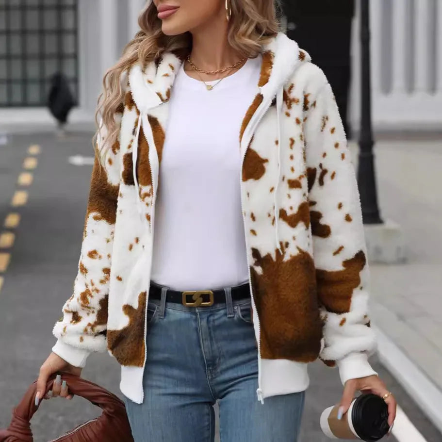 Yellow brown cow animal print pattern on a hooded zip-up cardigan jacket for casual street wear.