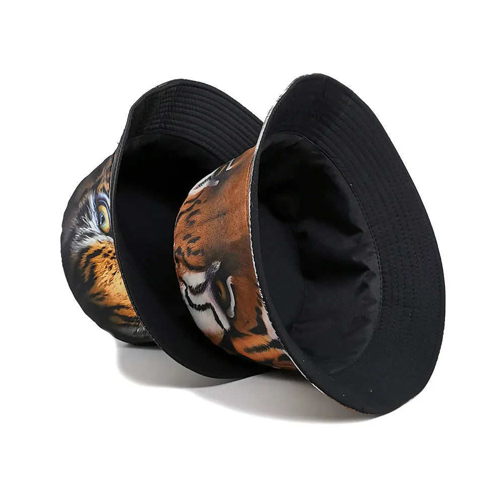 Tiger print polyester bucket hat with dome crown shape for outdoor sun protection