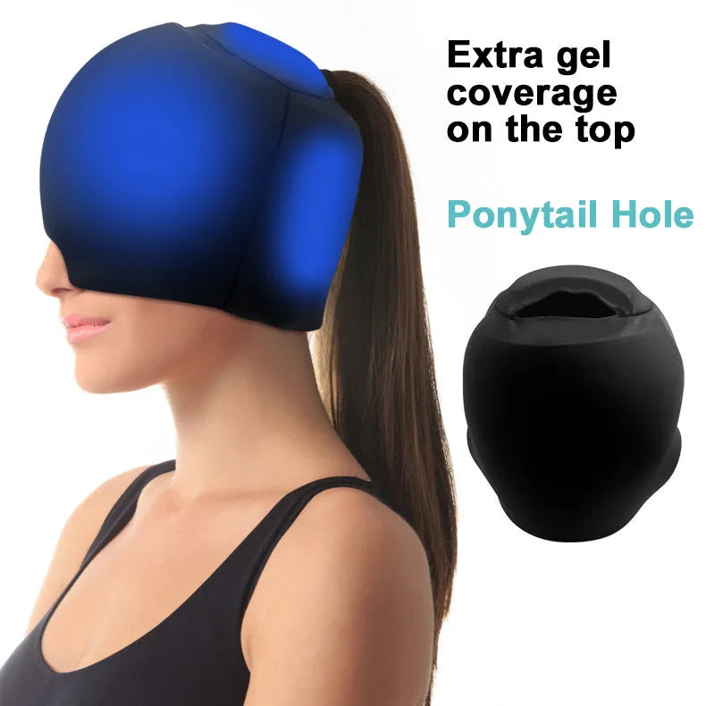 Simple solid colour cold compress cap in a fully enclosed polyester design, shown in black, pink, and dark blue.