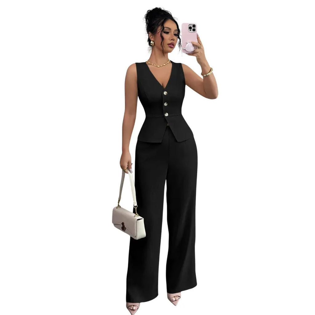 Women's sleeveless vest and high-waisted trousers two-piece set in solid colour