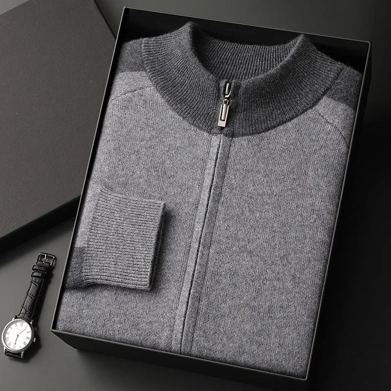 Men's cashmere wool blend knitted suit set with half turtleneck zipper cardigan and matching trousers for winter wear