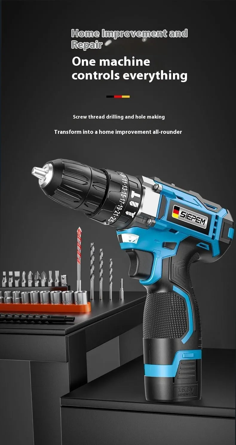 12V dual speed pistol grip impact drill and electric screwdriver set in a plastic storage box.