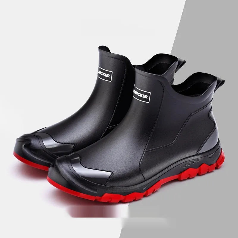 Korean-style short tube PVC rain boot in beige colour with round toe and flat heel.
