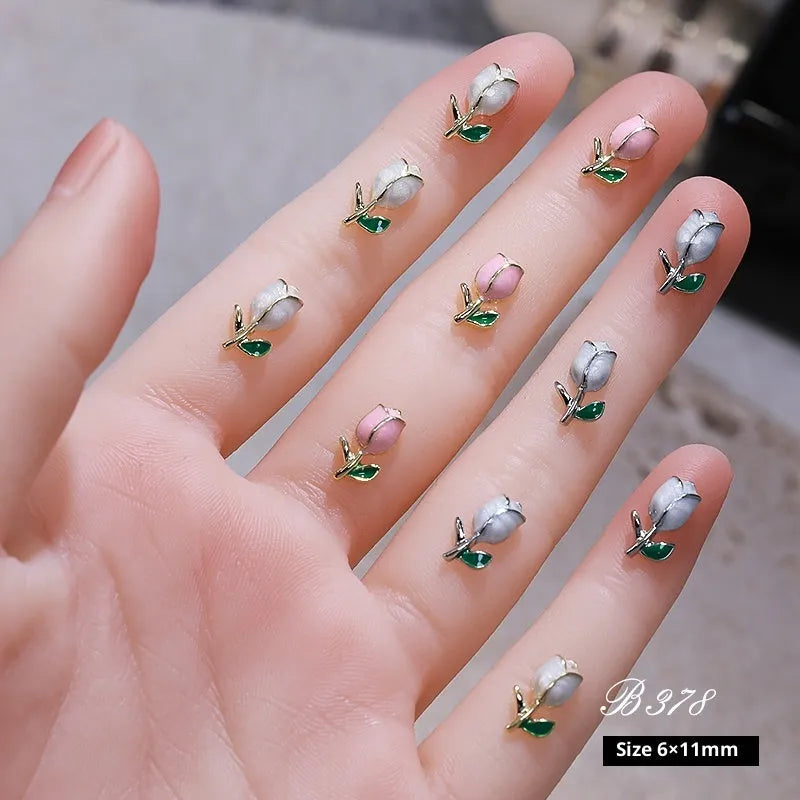 Three-dimensional alloy tulip fingernail decoration stickers in gold and silver colours