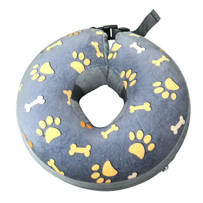 Blue inflatable PVC pet recovery collar with soft flocking guard circle for dogs, deflated state