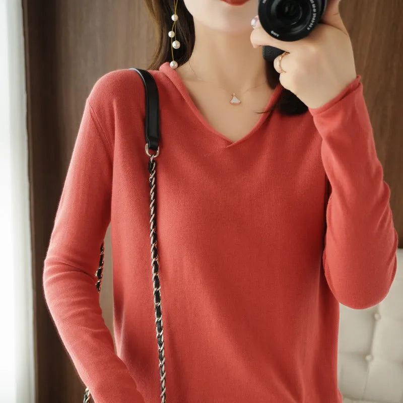Women's V-neck long sleeve knitwear pullover top in a macaron colour, showcasing non-iron elegant style.
