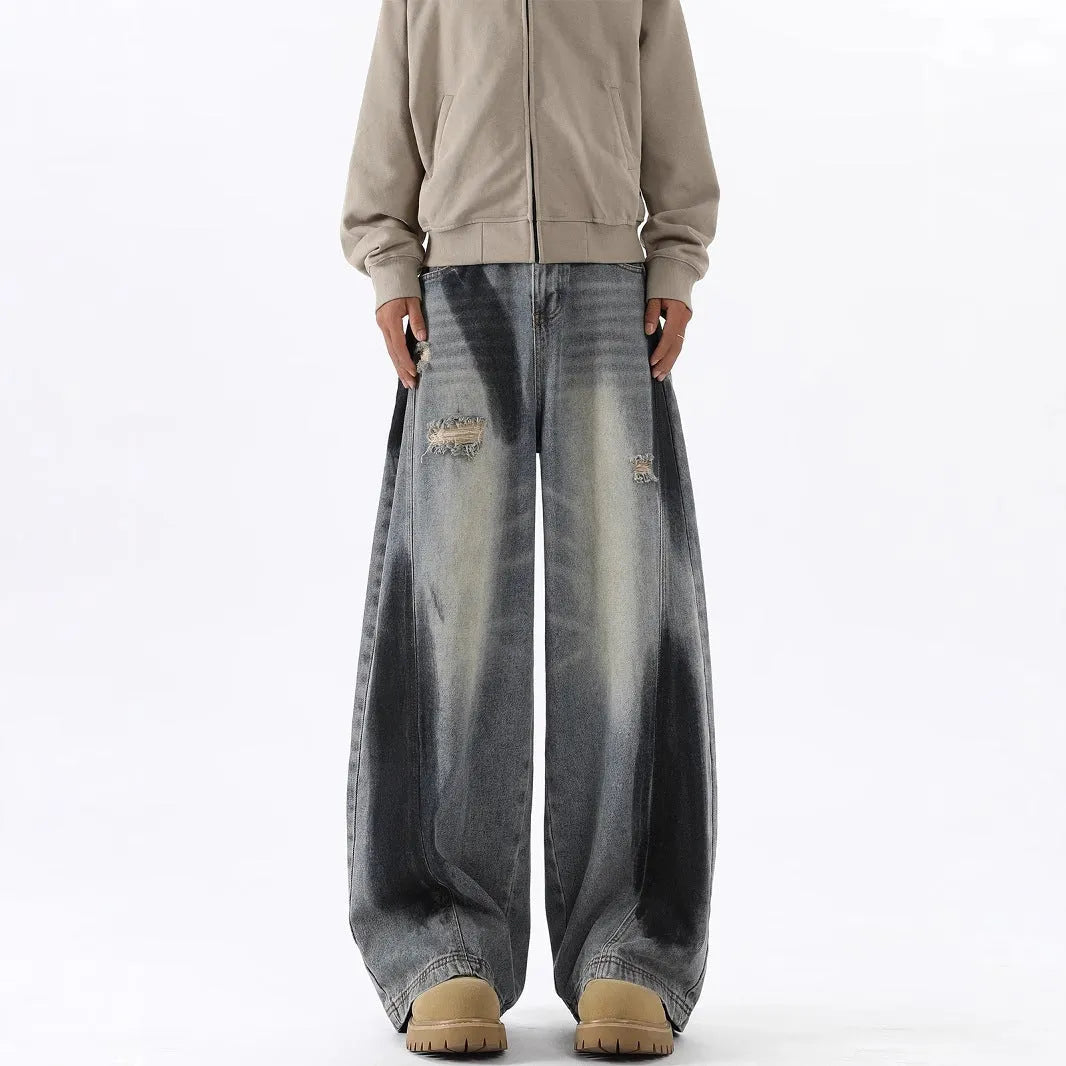 Men's American-style splash-ink ripped machete blue cotton jeans with loose fit
